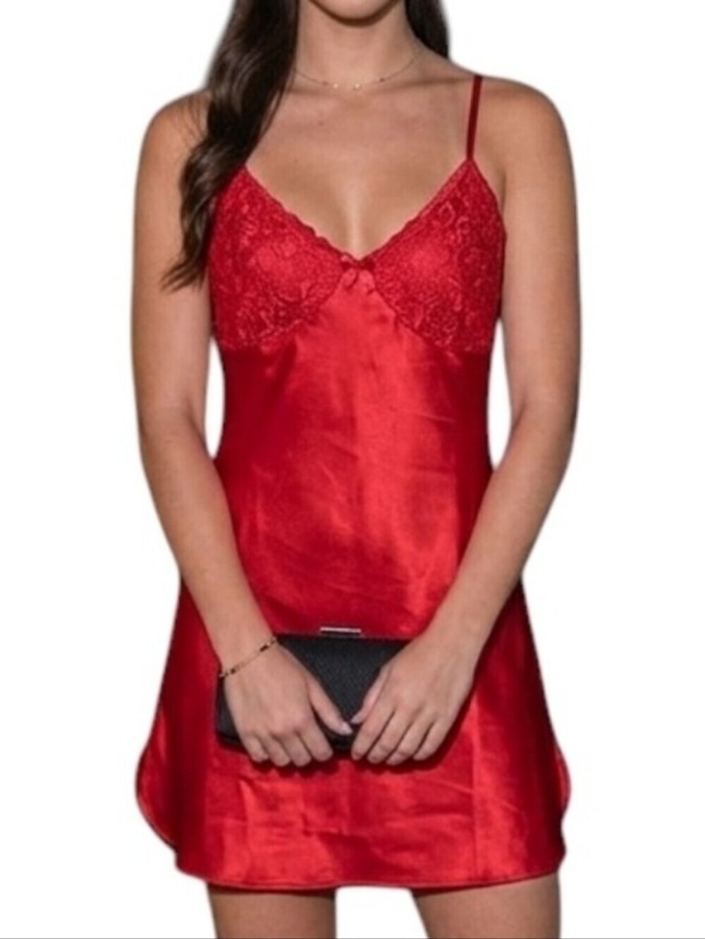 Vintage Intimate Details Slip Dress Women 10 Red Satin Y2K Lace